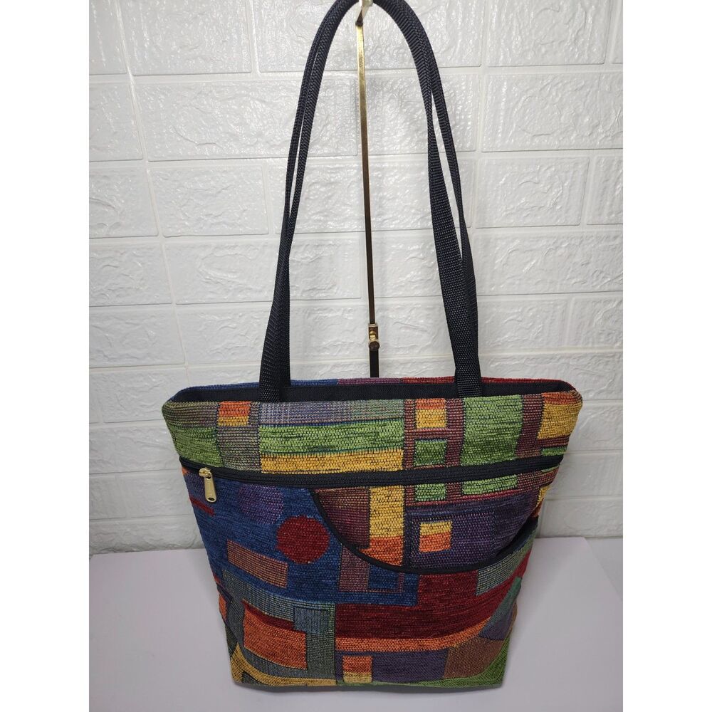 Danny K Tapestry Tote Bag Multicolor Gold Hardware Geometric Art Deco